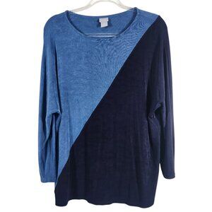 Chicos Women Top Travelers Size 2 (12/14) Navy Blue Color Block Slinky Stretch